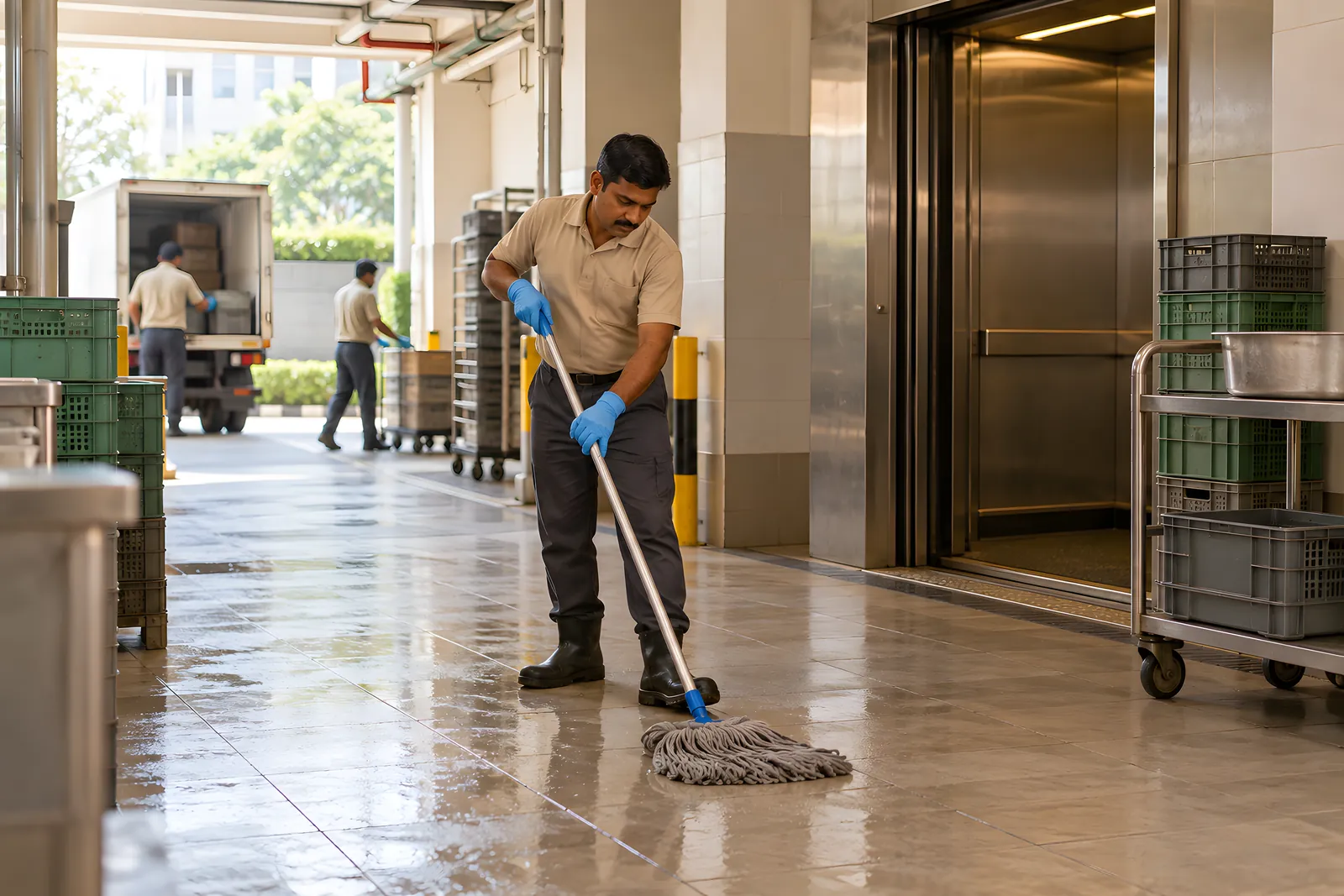 Staff member mopping a service corridor by the goods lift while a delivery is unloaded