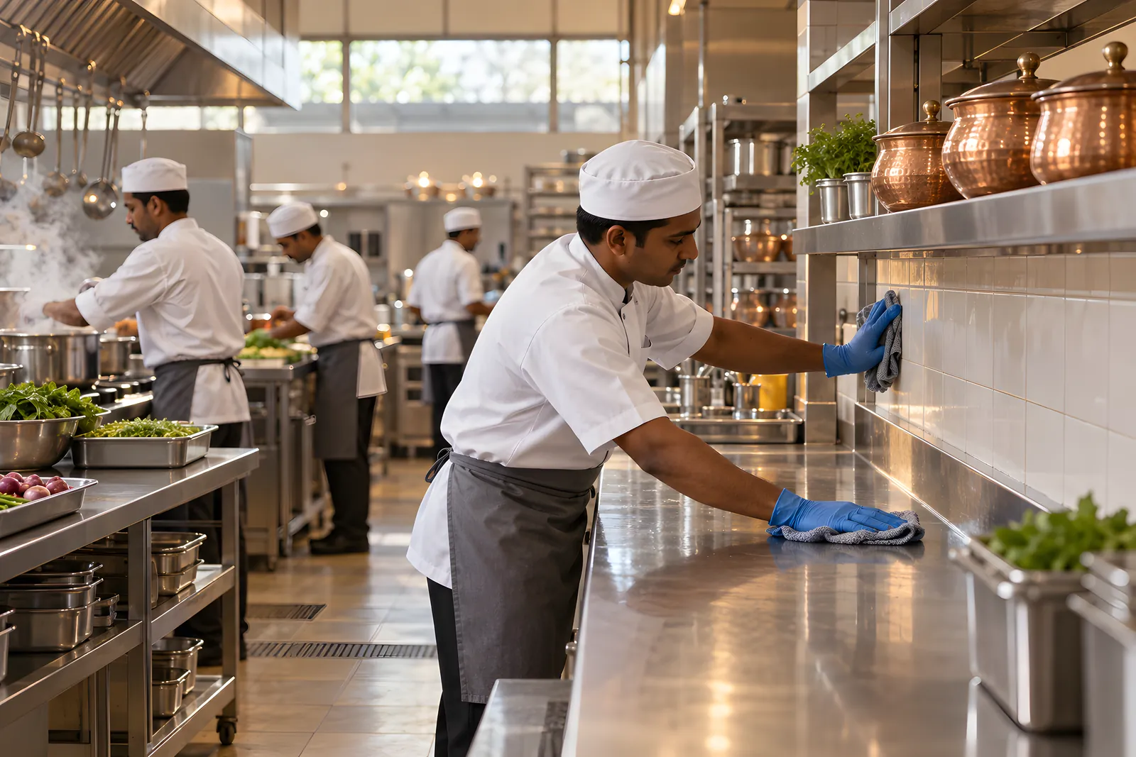 Chef in gloves wiping down a stainless steel counter in a busy commercial kitchen