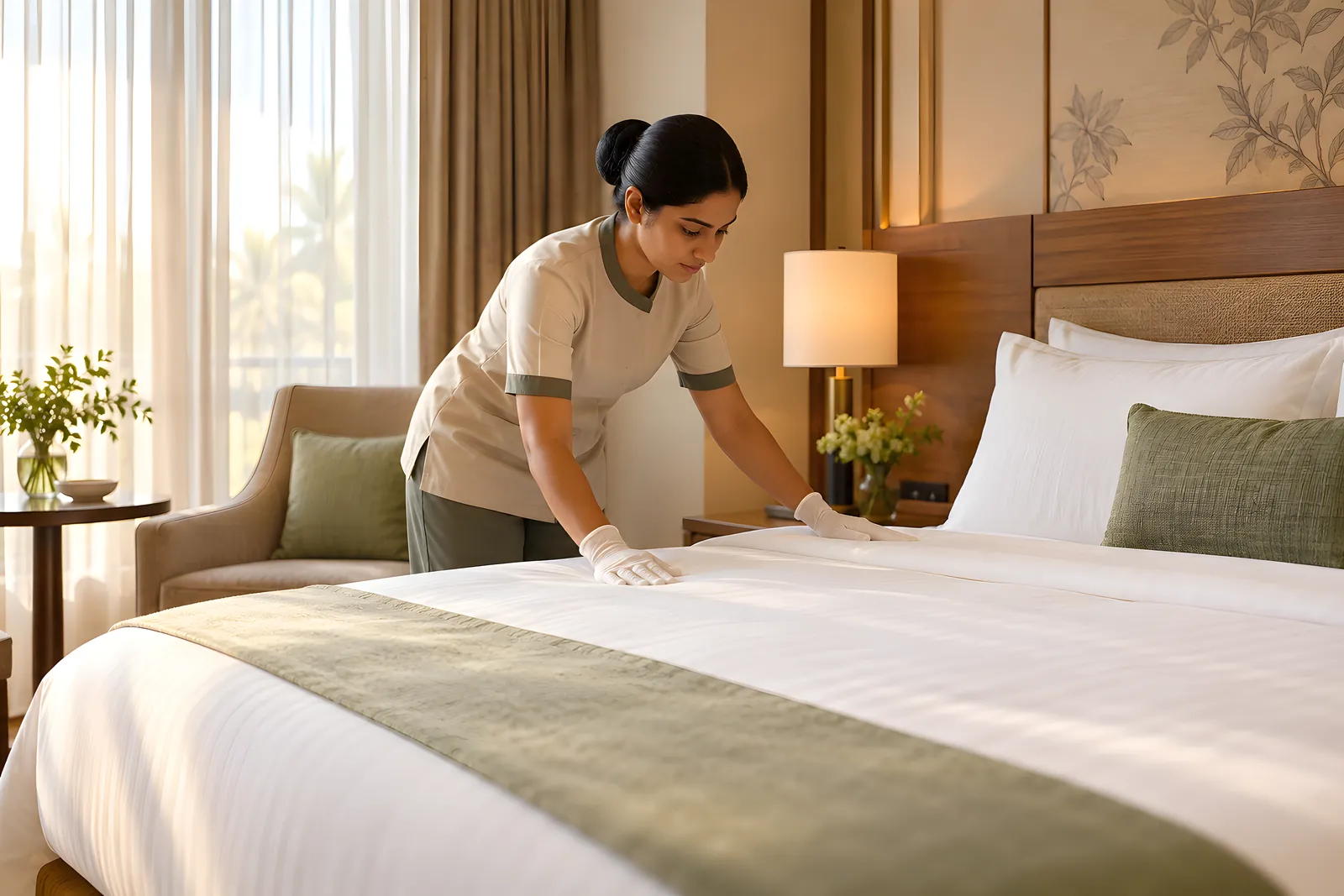 Housekeeper in gloves smoothing the bed linen in a hotel guest room