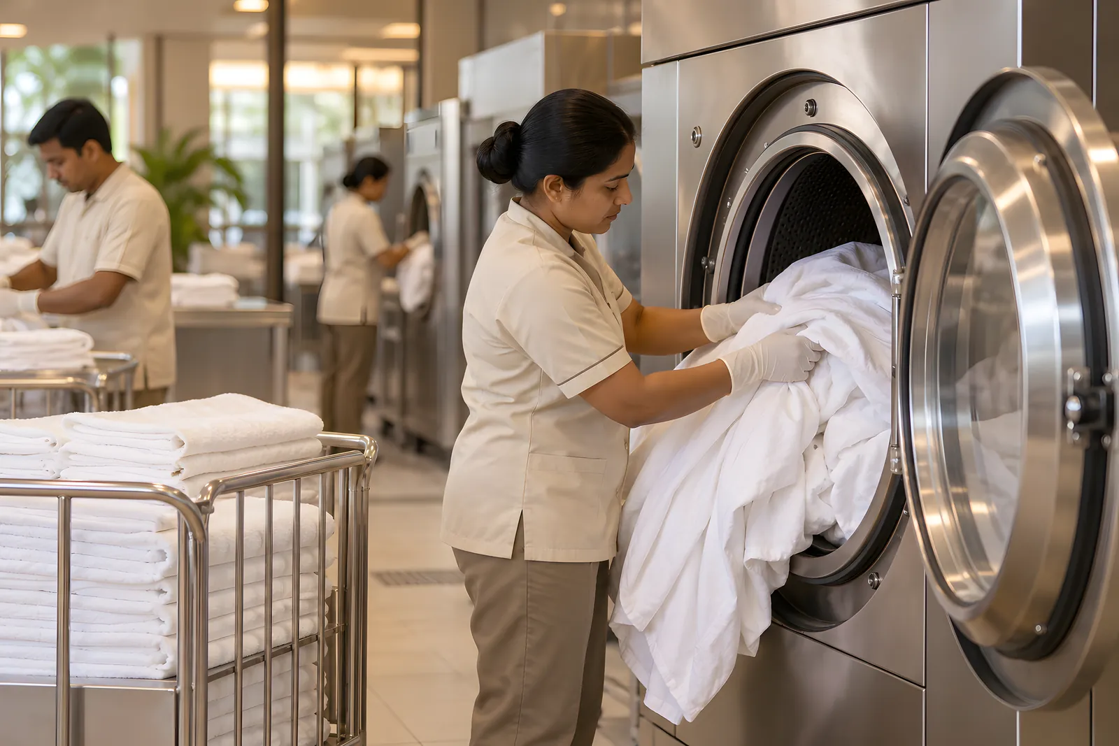Laundry attendant in gloves loading white linen into a washer-extractor