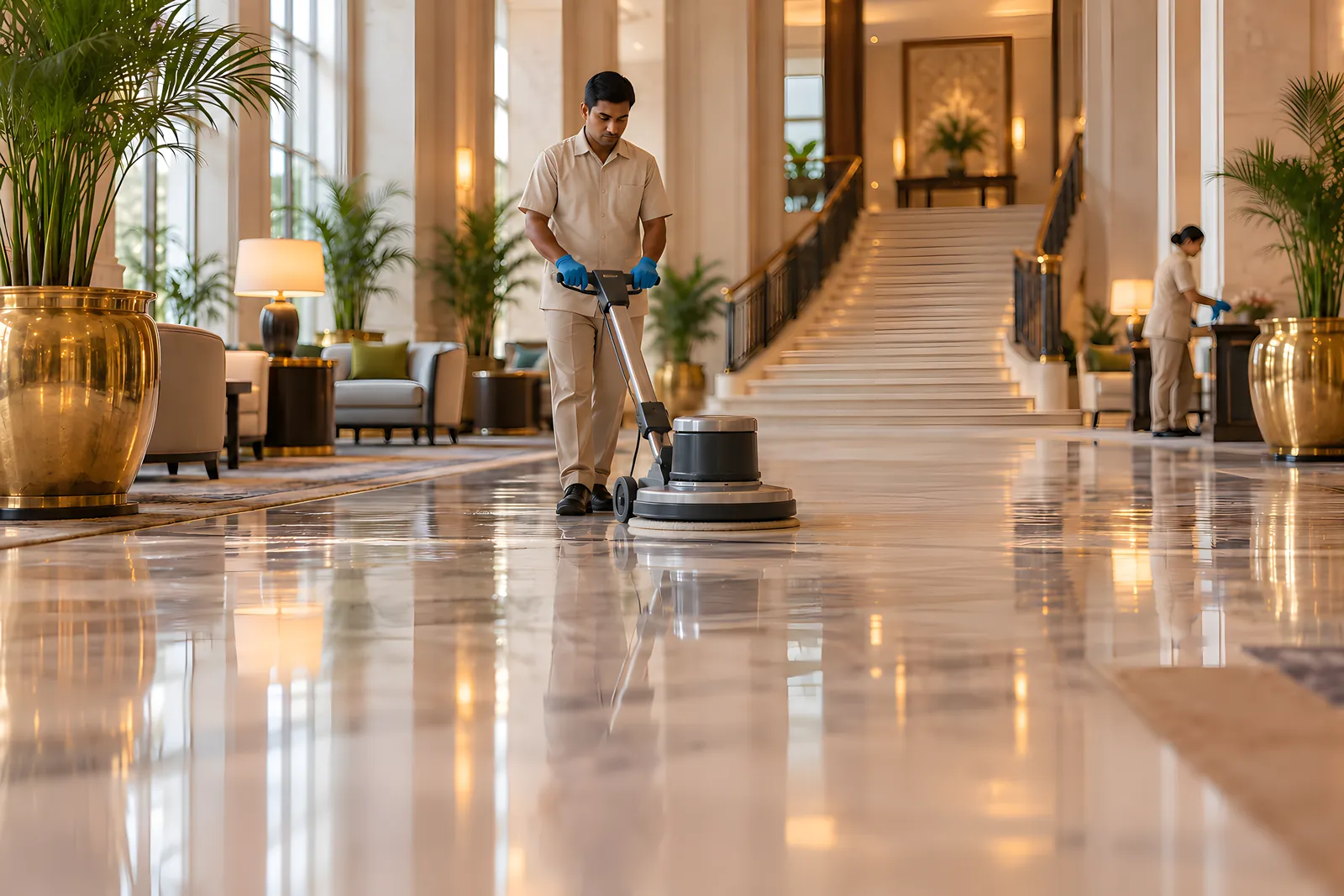 Staff member polishing a marble lobby floor with a single-disc machine