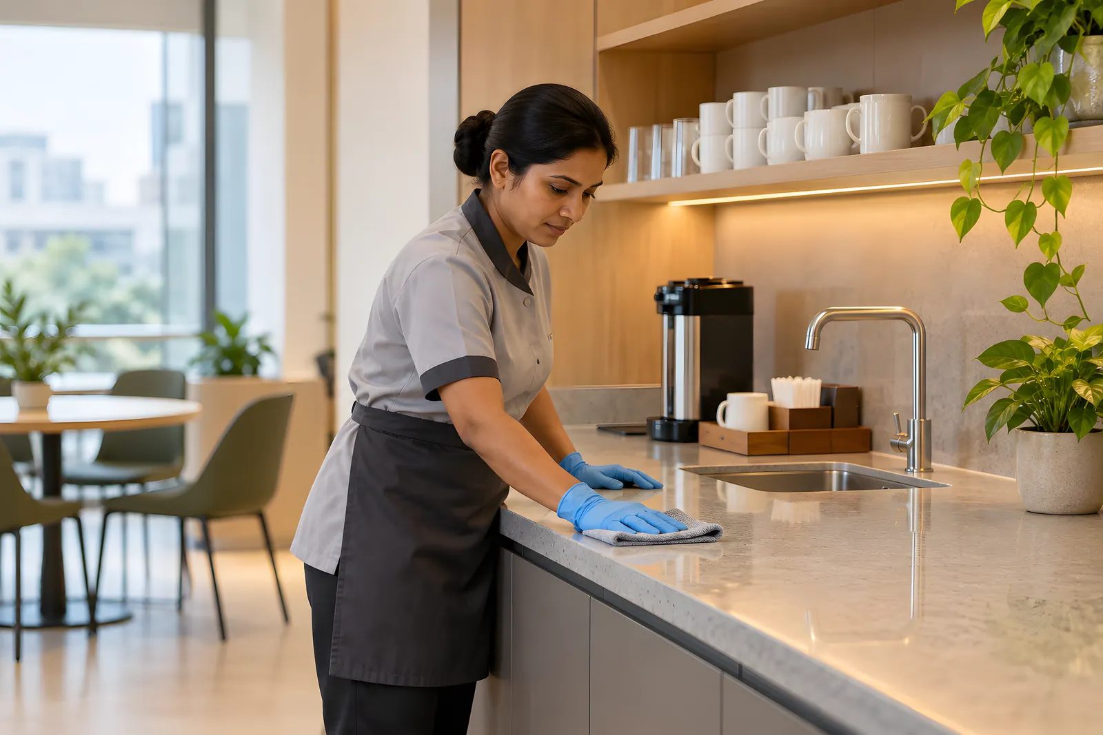 Cleaner in gloves wiping the counter of an office pantry
