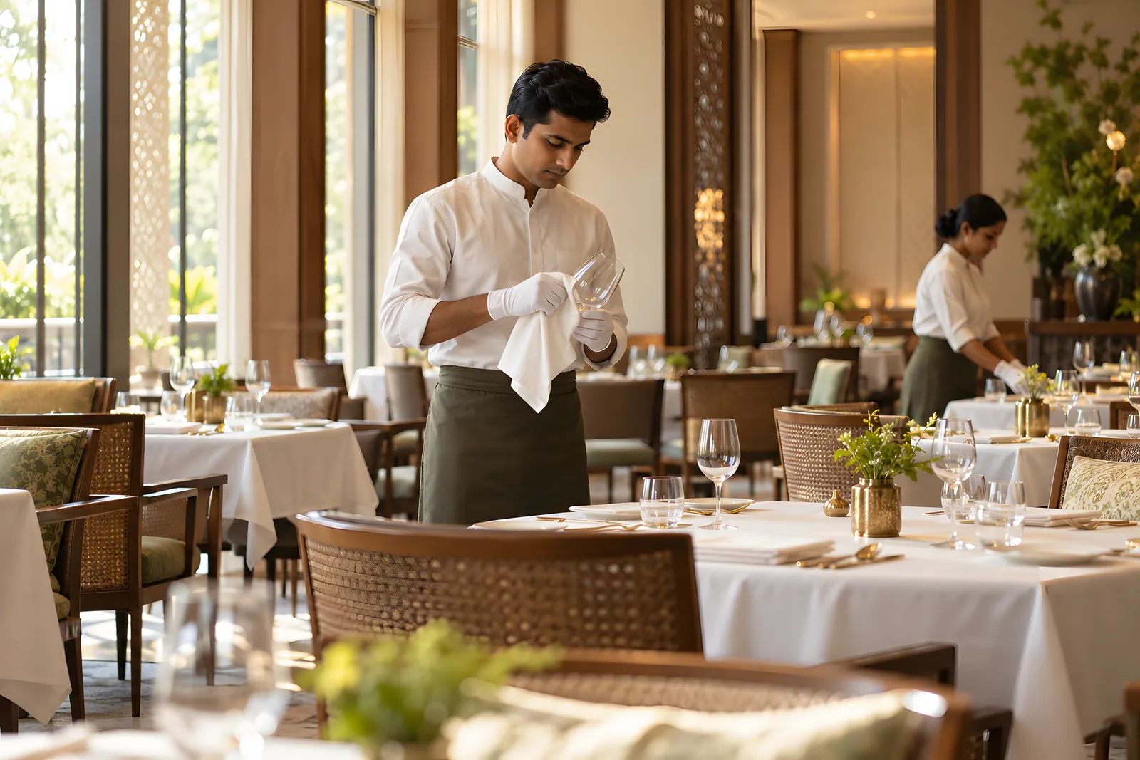 Waiter in gloves polishing a wine glass in a restaurant dining room