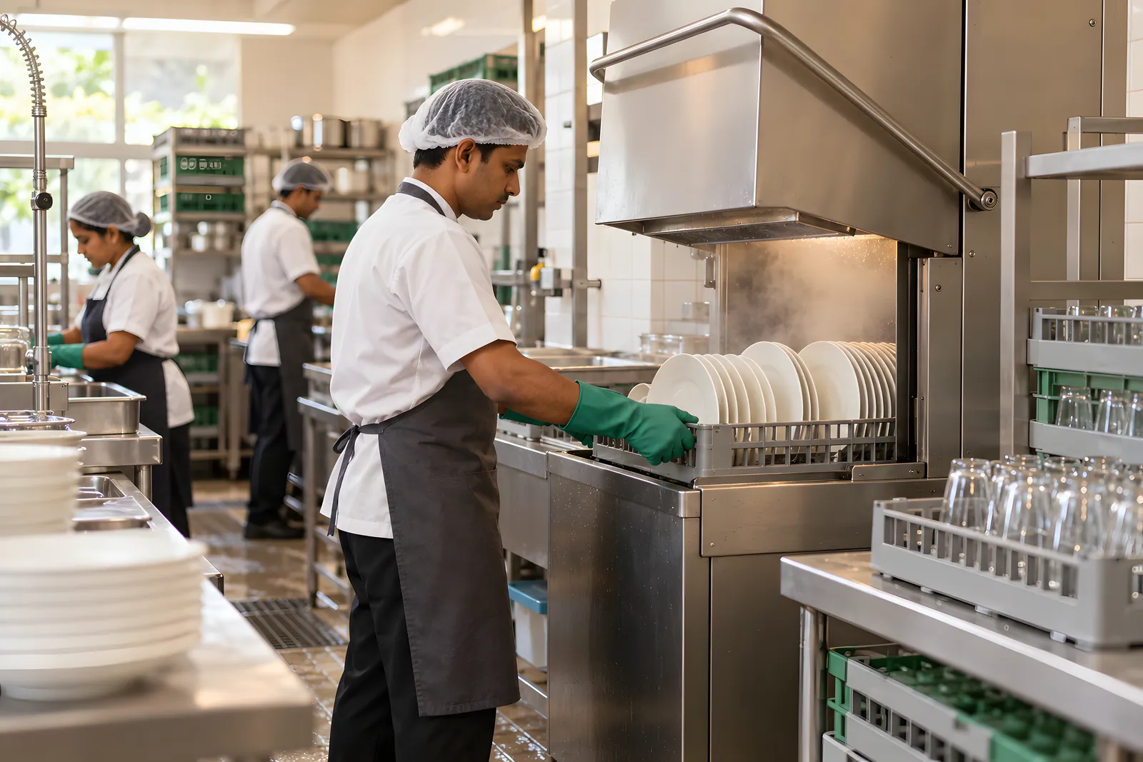 Kitchen steward in gloves sliding a rack of plates into a hood dishwasher