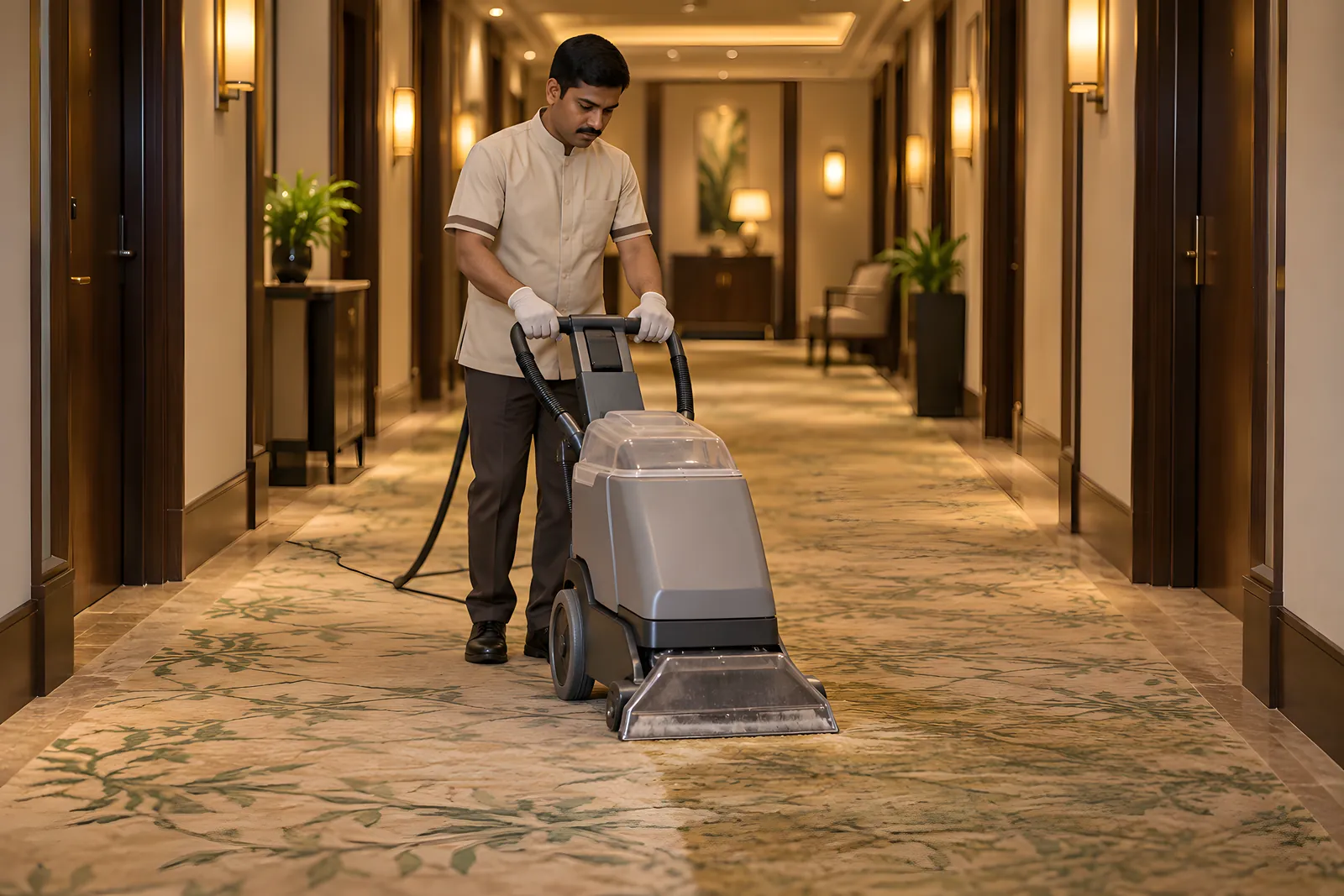 Attendant cleaning a hotel corridor carpet with an extraction machine