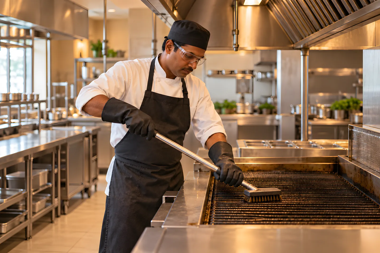 Kitchen steward in heavy gloves, apron and safety glasses scrubbing a chargrill grate under the extraction hood