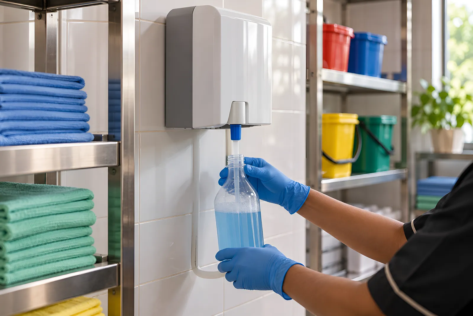 Gloved hands filling a plain bottle from a wall-mounted dilution unit in a tiled store room
