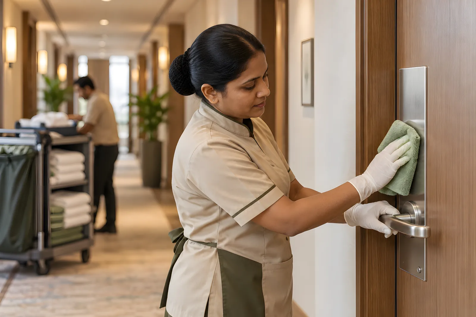 Housekeeping attendant in gloves wiping a steel door push plate and handle in a hotel corridor, a linen trolley behind