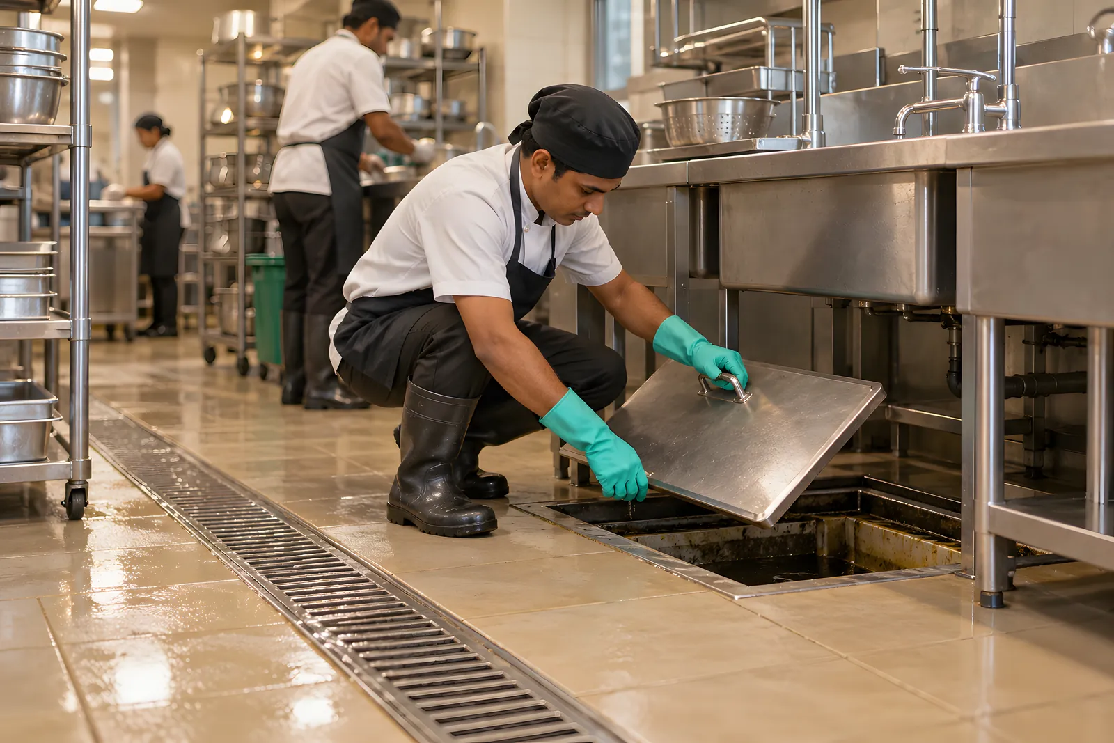 Kitchen steward in gloves and boots lifting the lid of a floor grease trap beside the pot-wash sinks