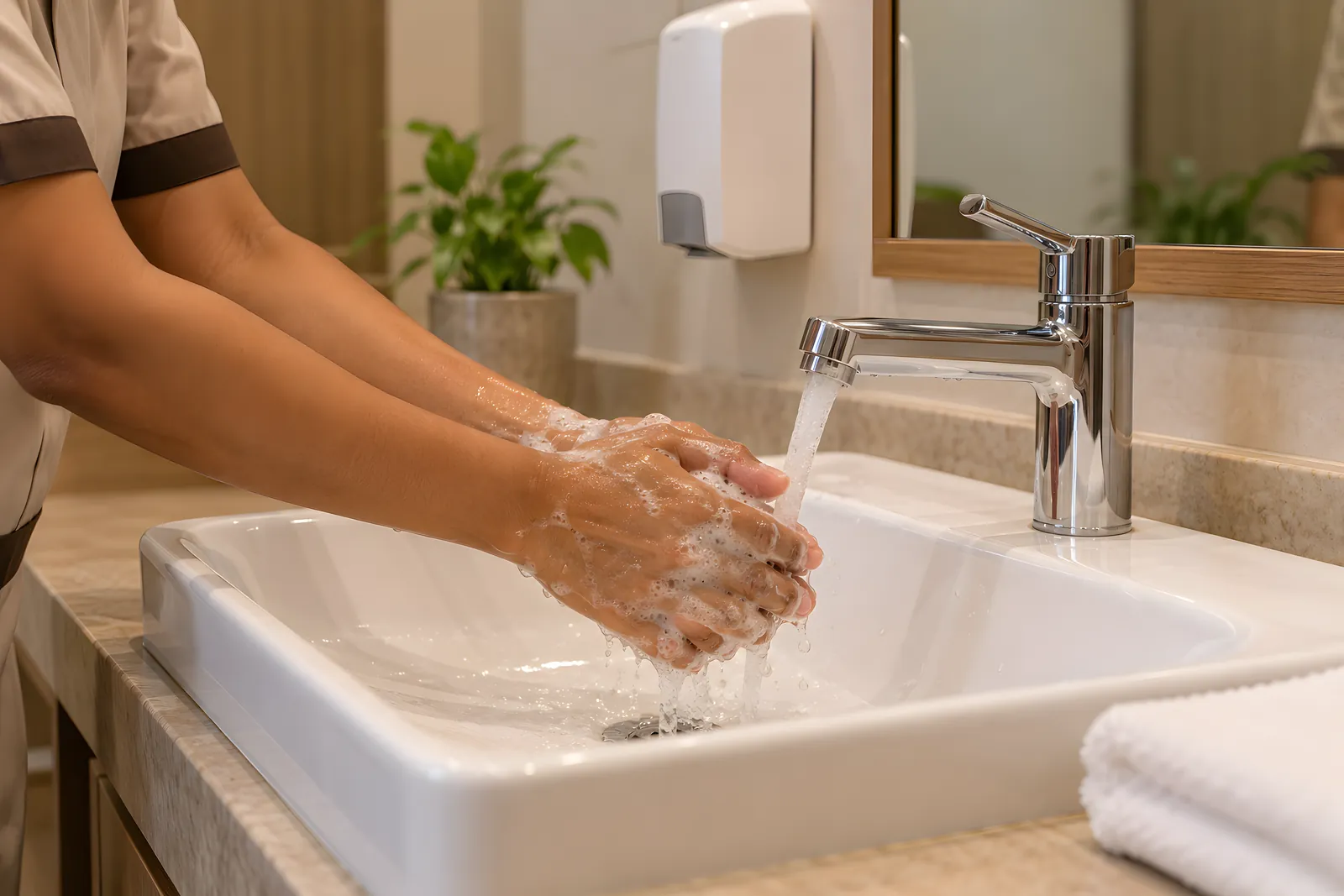 Staff member washing hands with lather under a running tap at a washroom basin