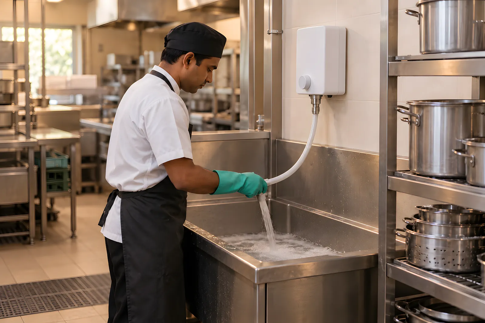 Kitchen steward in gloves filling a deep pot-wash sink from a hose on a plain white wall-mounted dilution unit
