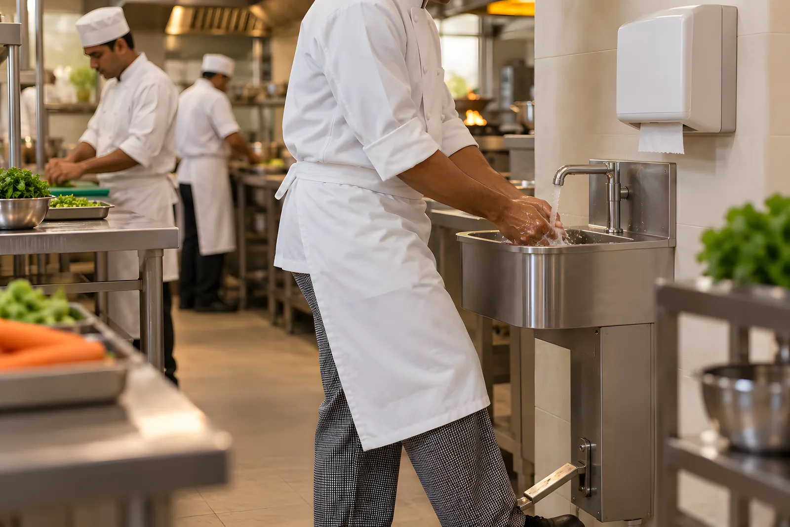 Cook washing hands at a steel hand-wash sink with a foot pedal, a paper-towel dispenser on the wall beside it