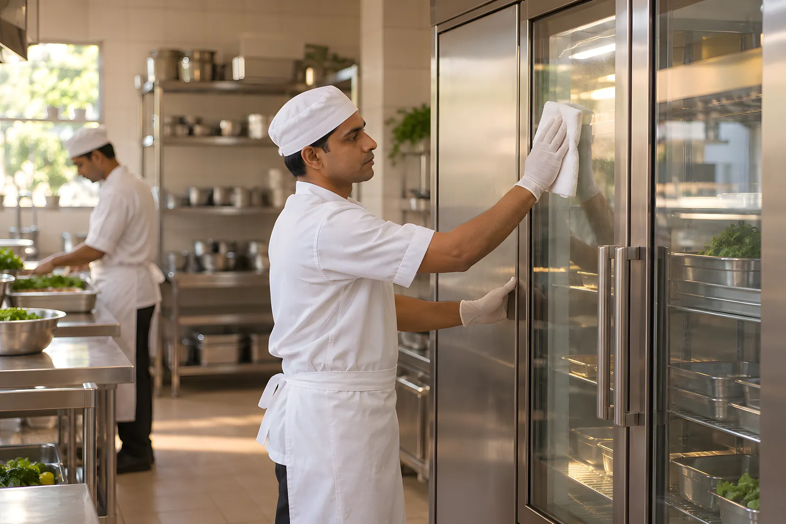 Kitchen steward in gloves wiping the glass door of a steel refrigerator while a cook preps greens behind