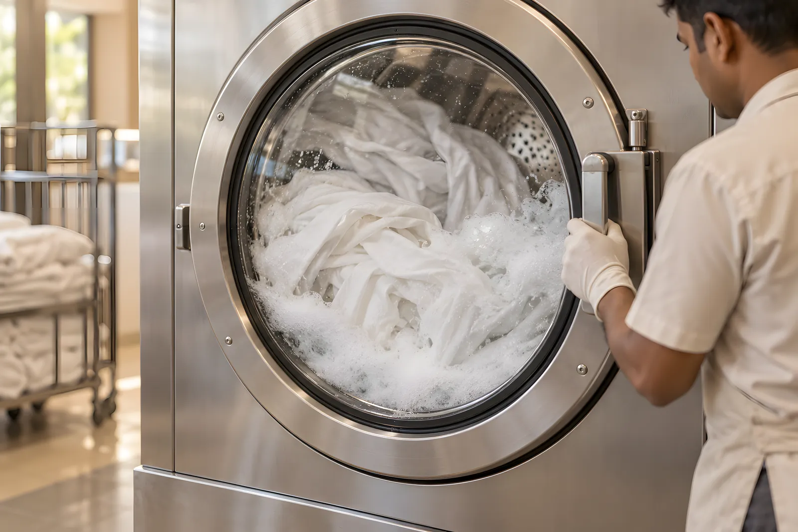 White sheets turning in foam behind a washer-extractor's glass door, a laundry attendant's gloved hand on the handle