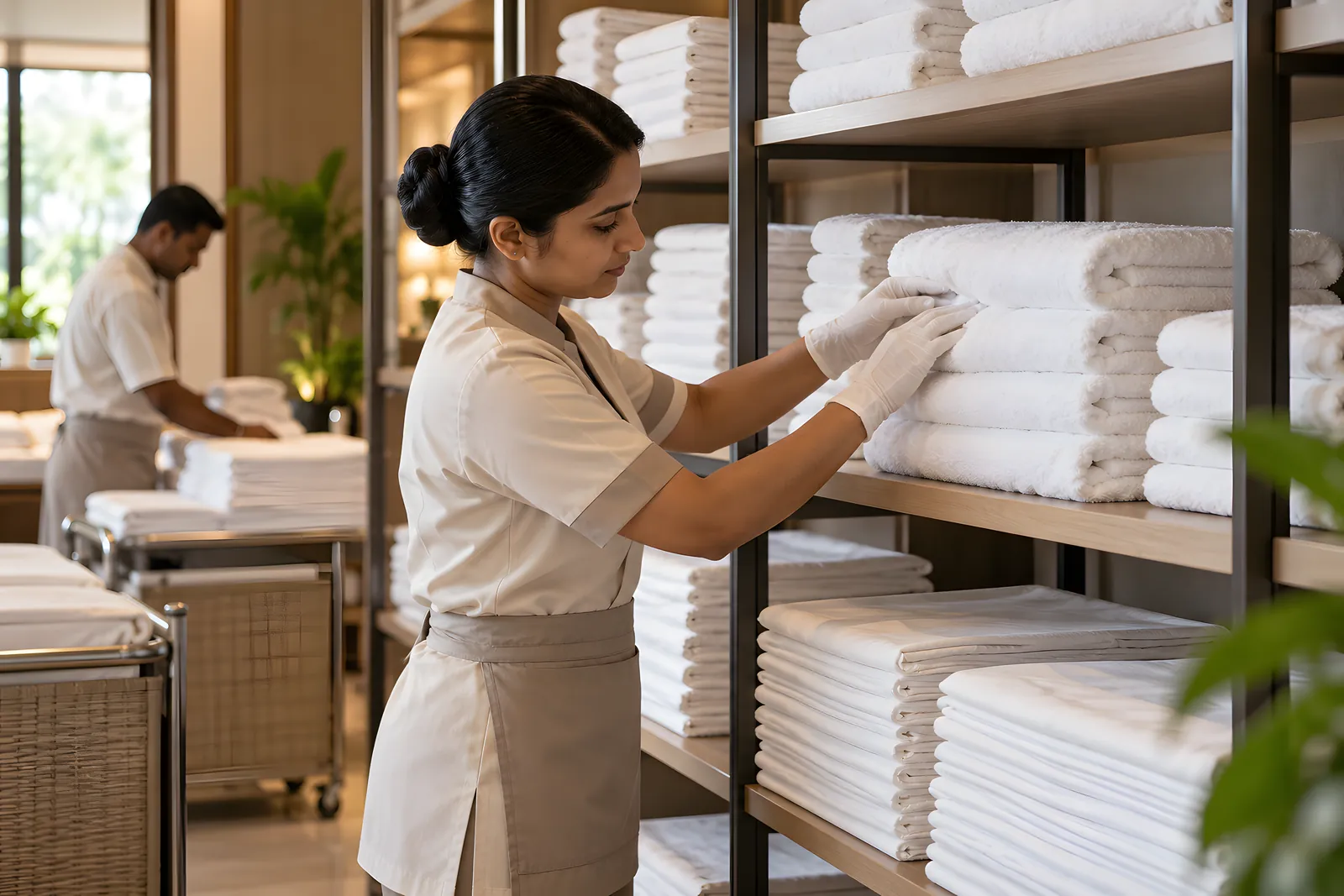 Attendant in gloves stacking folded towels on linen-room shelves