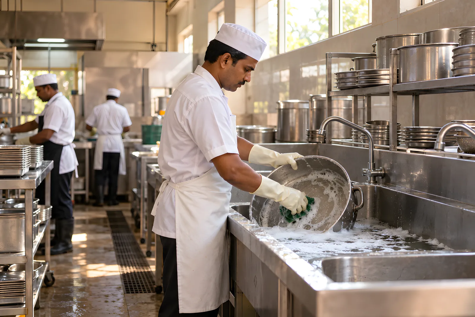 Kitchen steward in gloves scrubbing a large pan at a pot-wash sink
