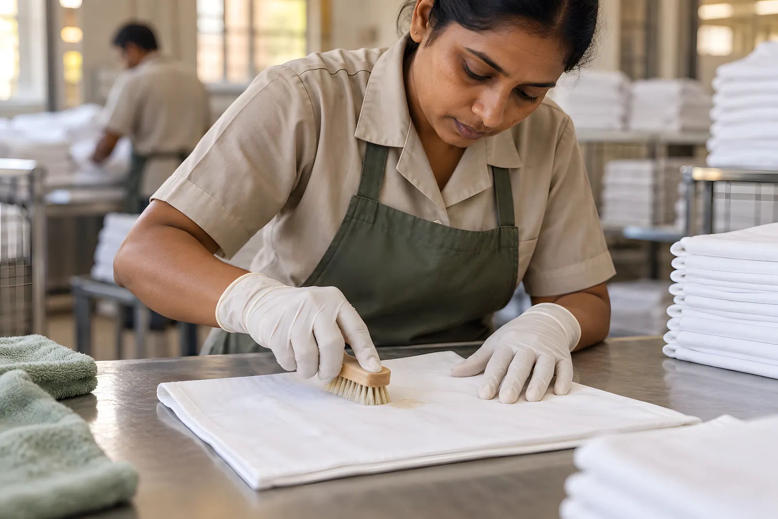 Laundry attendant in gloves brushing a mark on a white napkin before washing