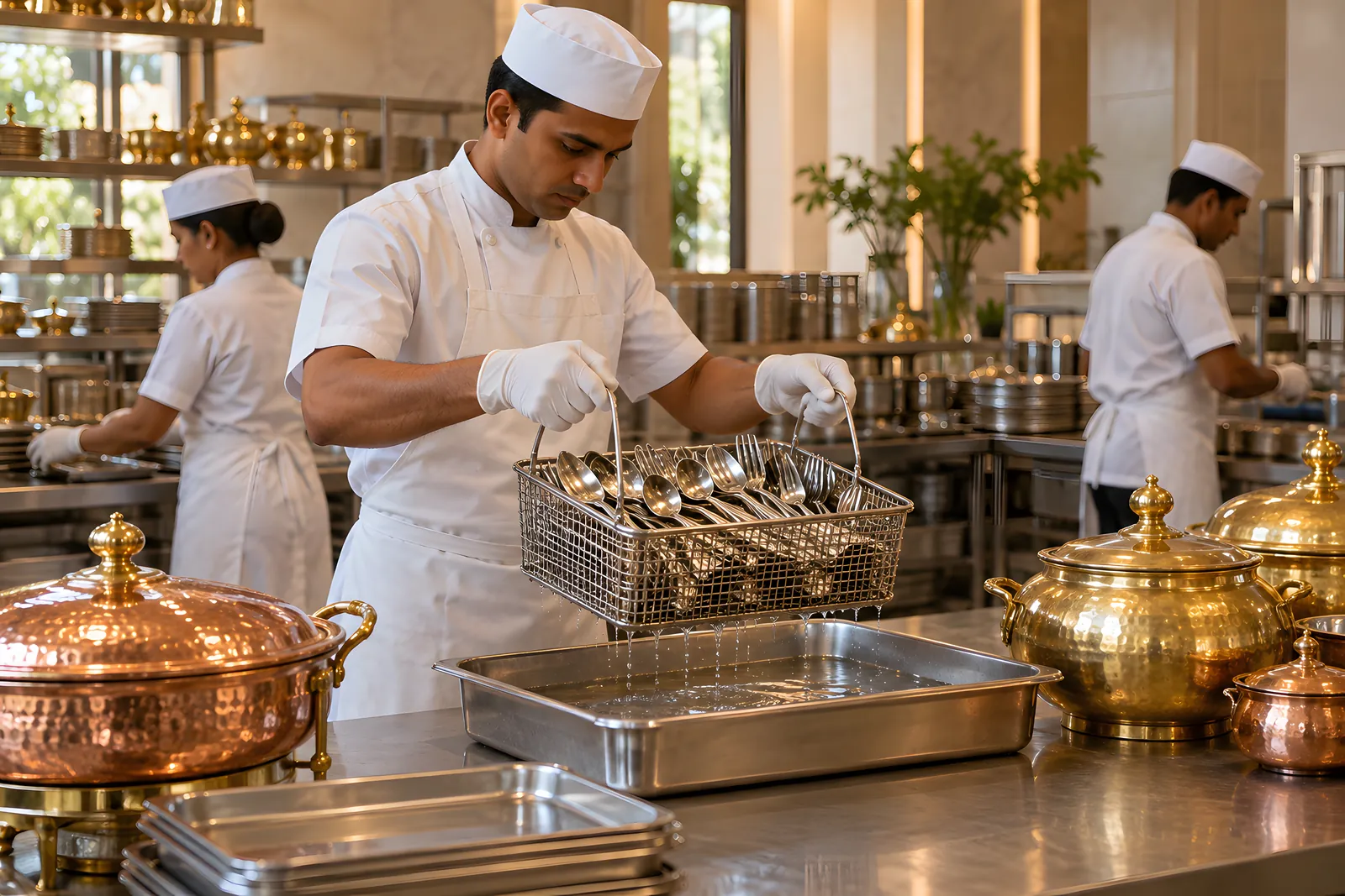 Kitchen steward lifting a basket of silver cutlery from a dipping tray, with brass and copper serving ware beside it
