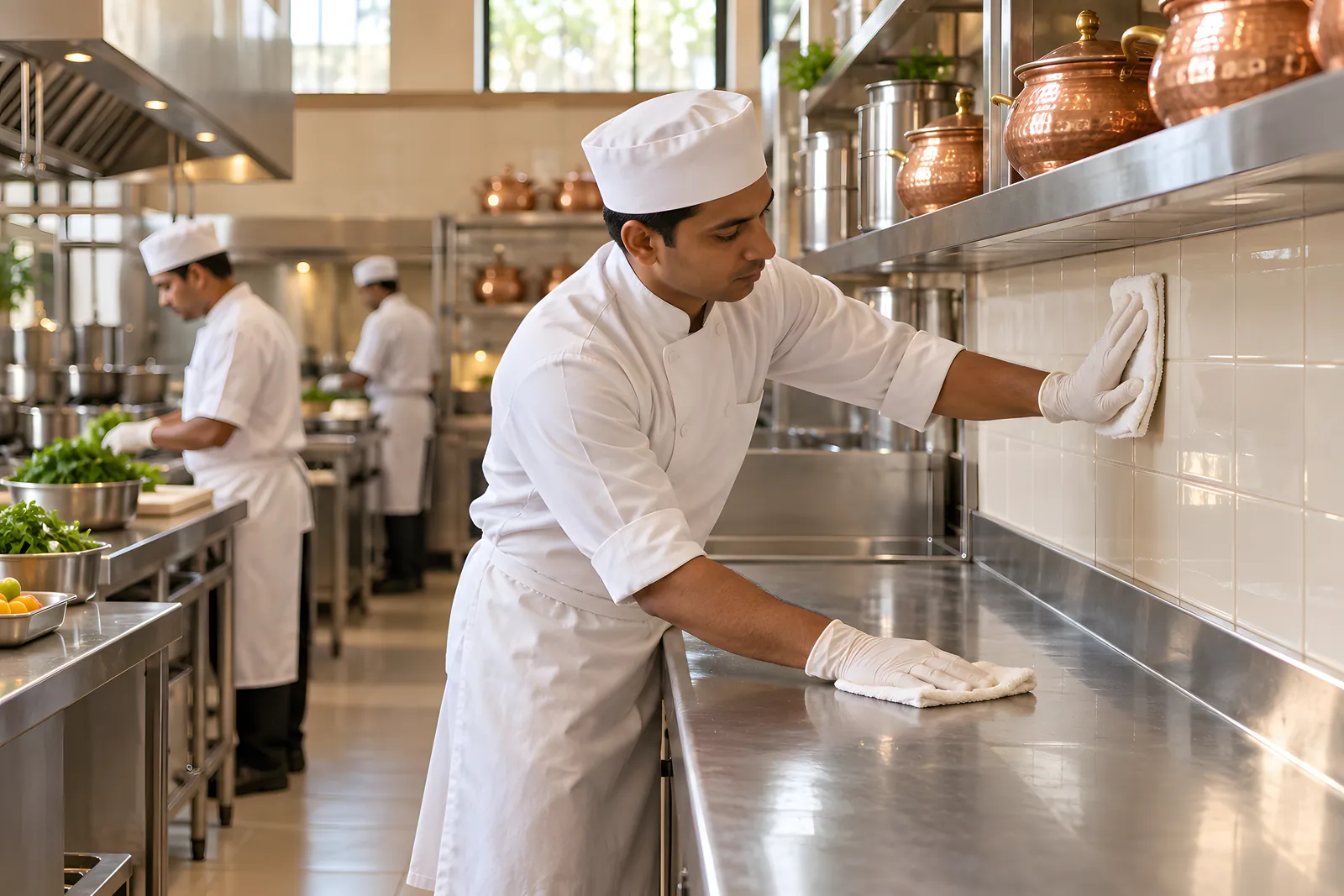 Kitchen steward in gloves wiping a stainless steel bench and tiled splashback with a folded cloth