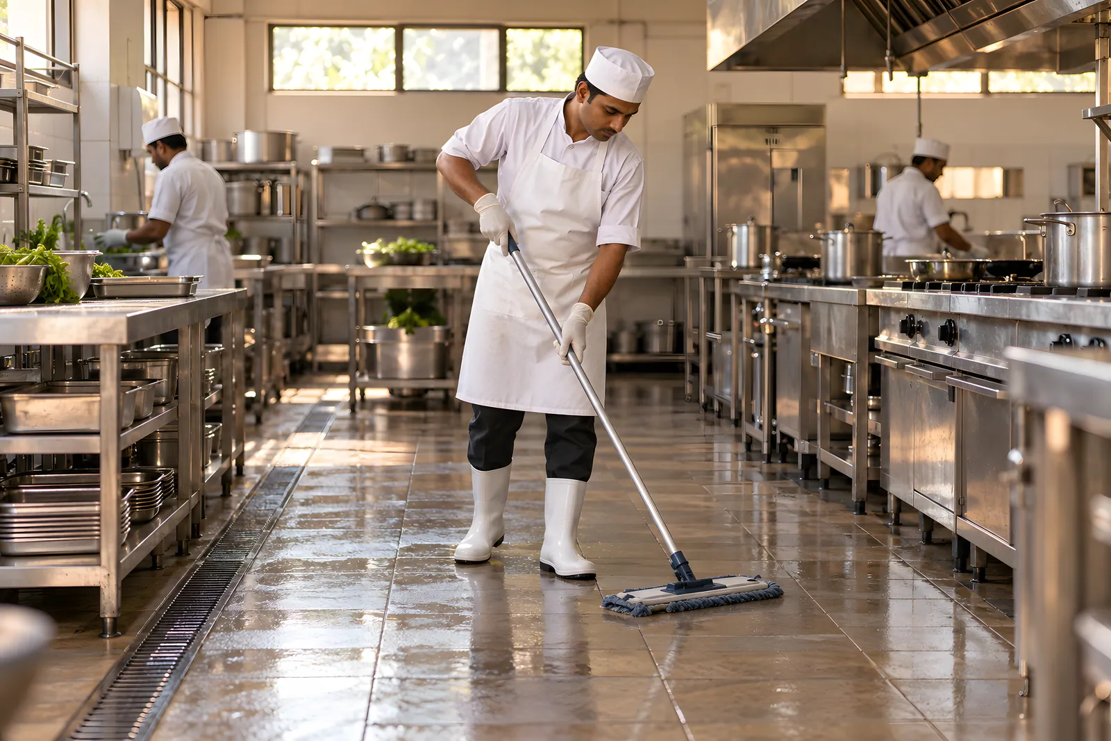 Kitchen steward damp-mopping the tiled floor of a commercial kitchen