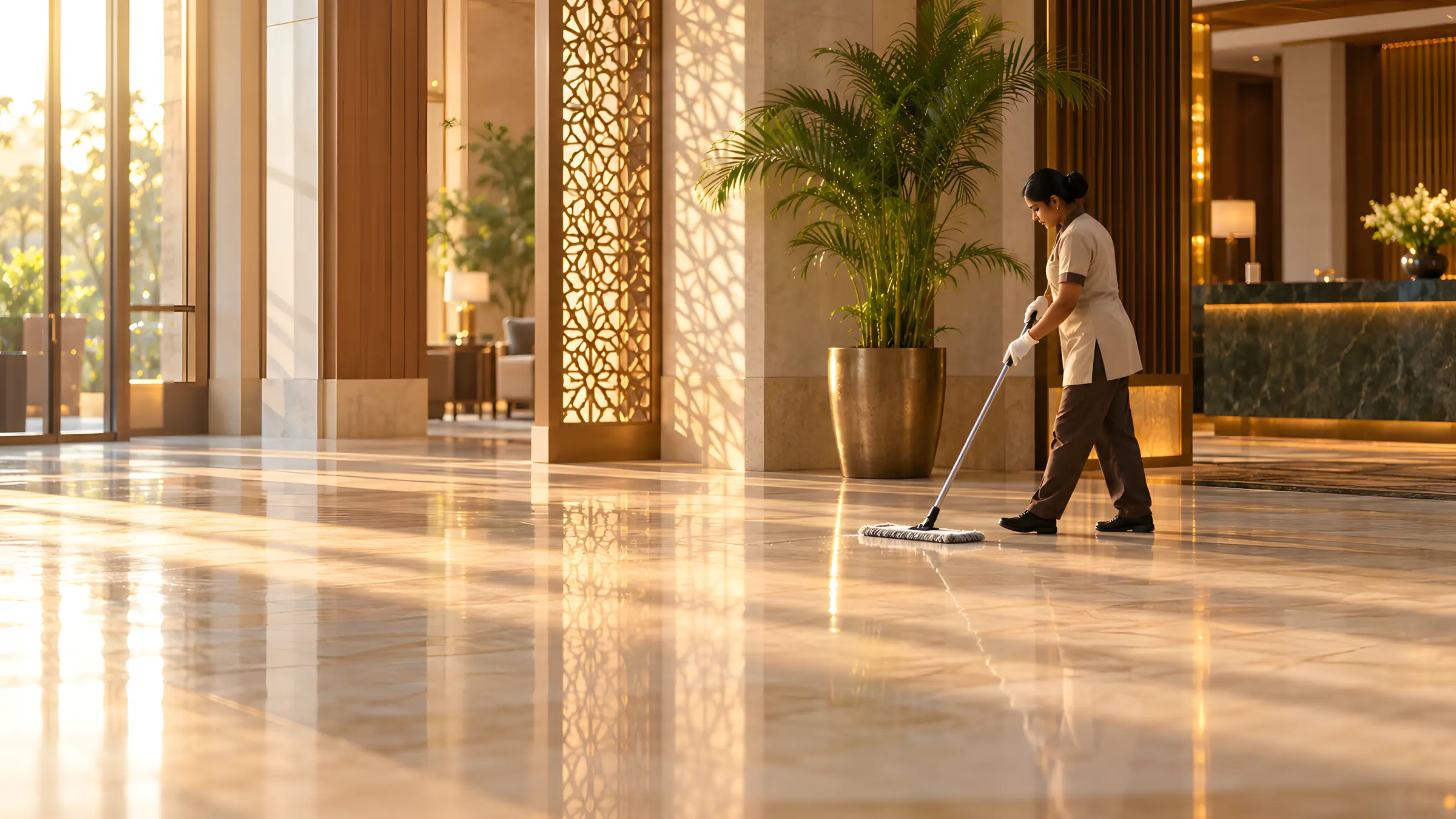 Housekeeper dry-mopping the polished marble floor of a hotel lobby in early-morning light