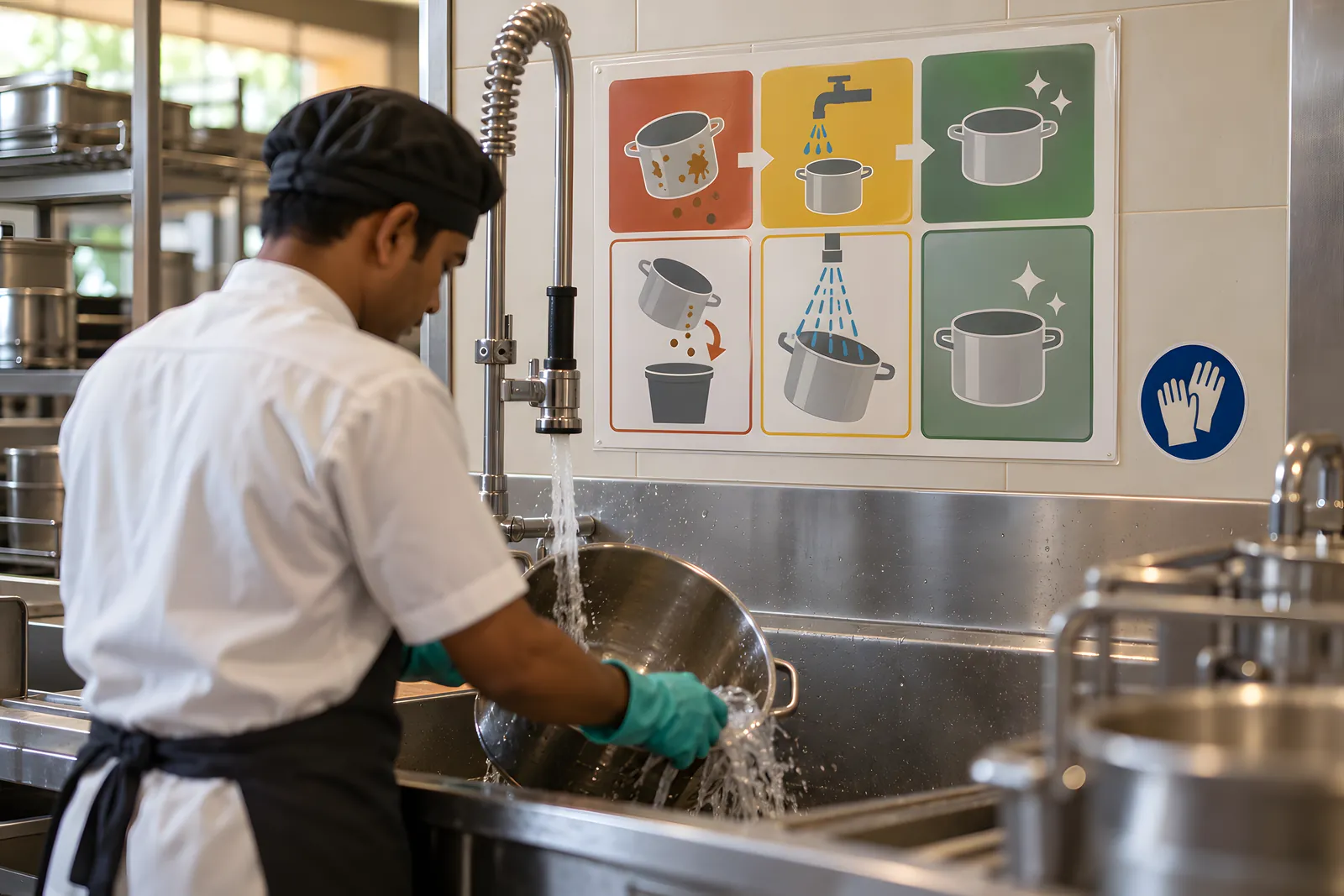 Kitchen steward rinsing a bowl at the pot-wash sink beside a picture wall chart and a gloves safety sign