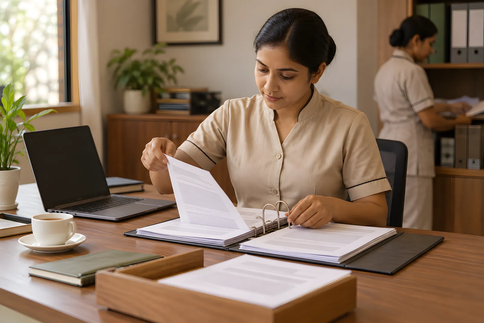 Housekeeping supervisor turning pages in a ring binder at a tidy office desk, a laptop and a cup of tea beside