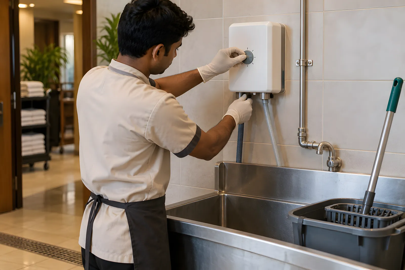 Technician in gloves setting the dial of a plain wall-mounted dilution unit above a mop sink