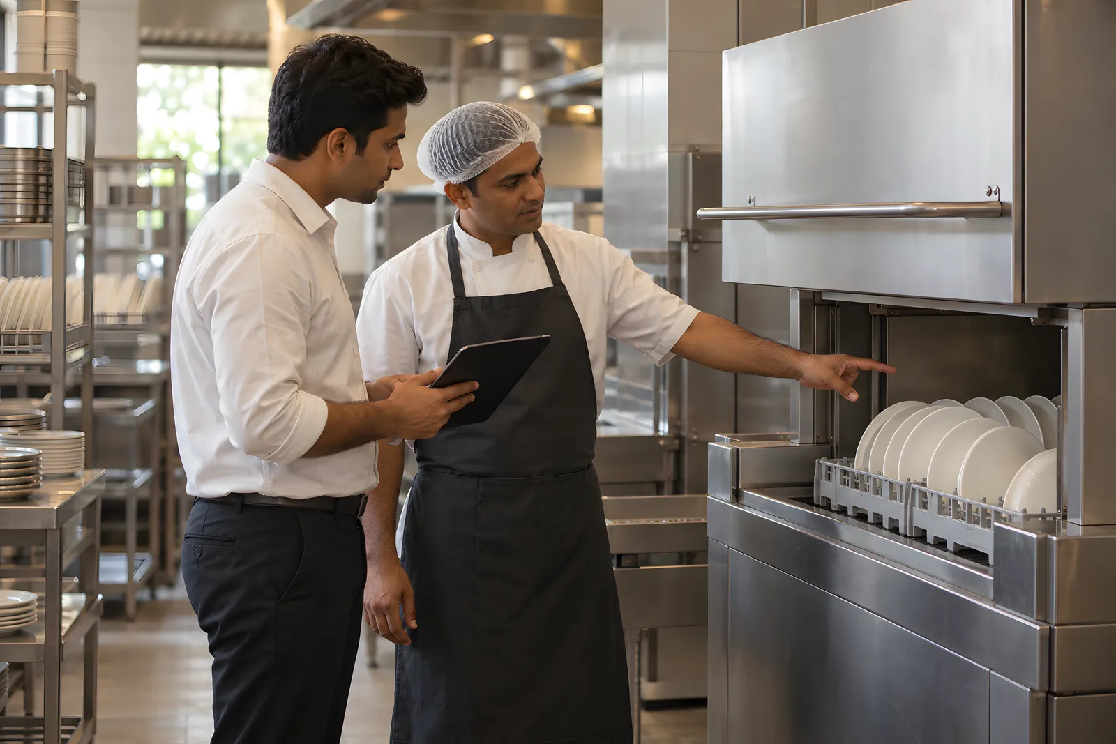 Visiting specialist with a tablet listening as the chief steward points at a conveyor dishwasher