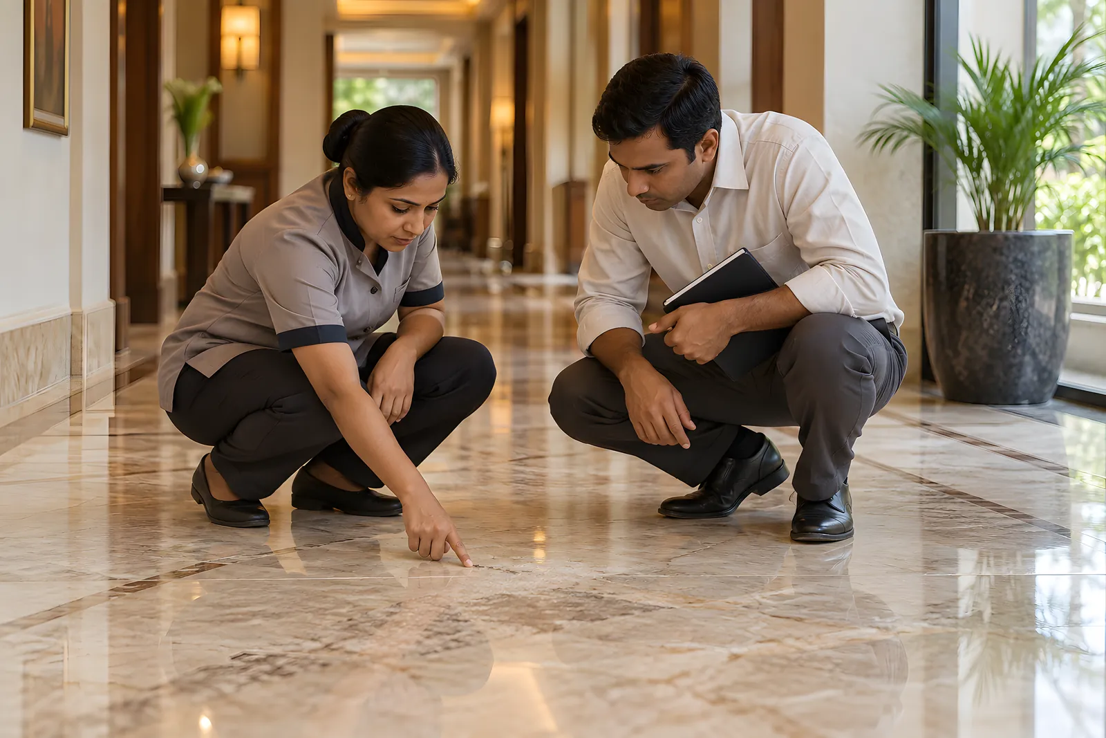 Executive housekeeper pointing at a worn patch on a marble corridor floor as a visiting specialist looks on