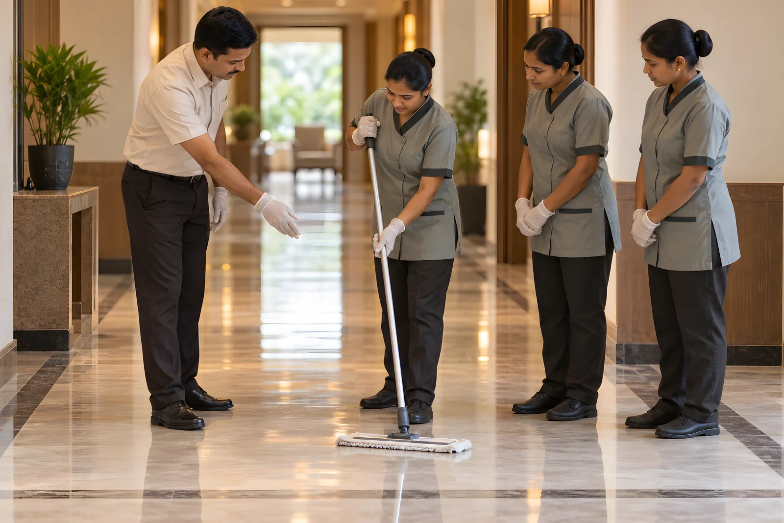 Trainer showing three housekeeping attendants how to use a flat mop on a marble corridor floor