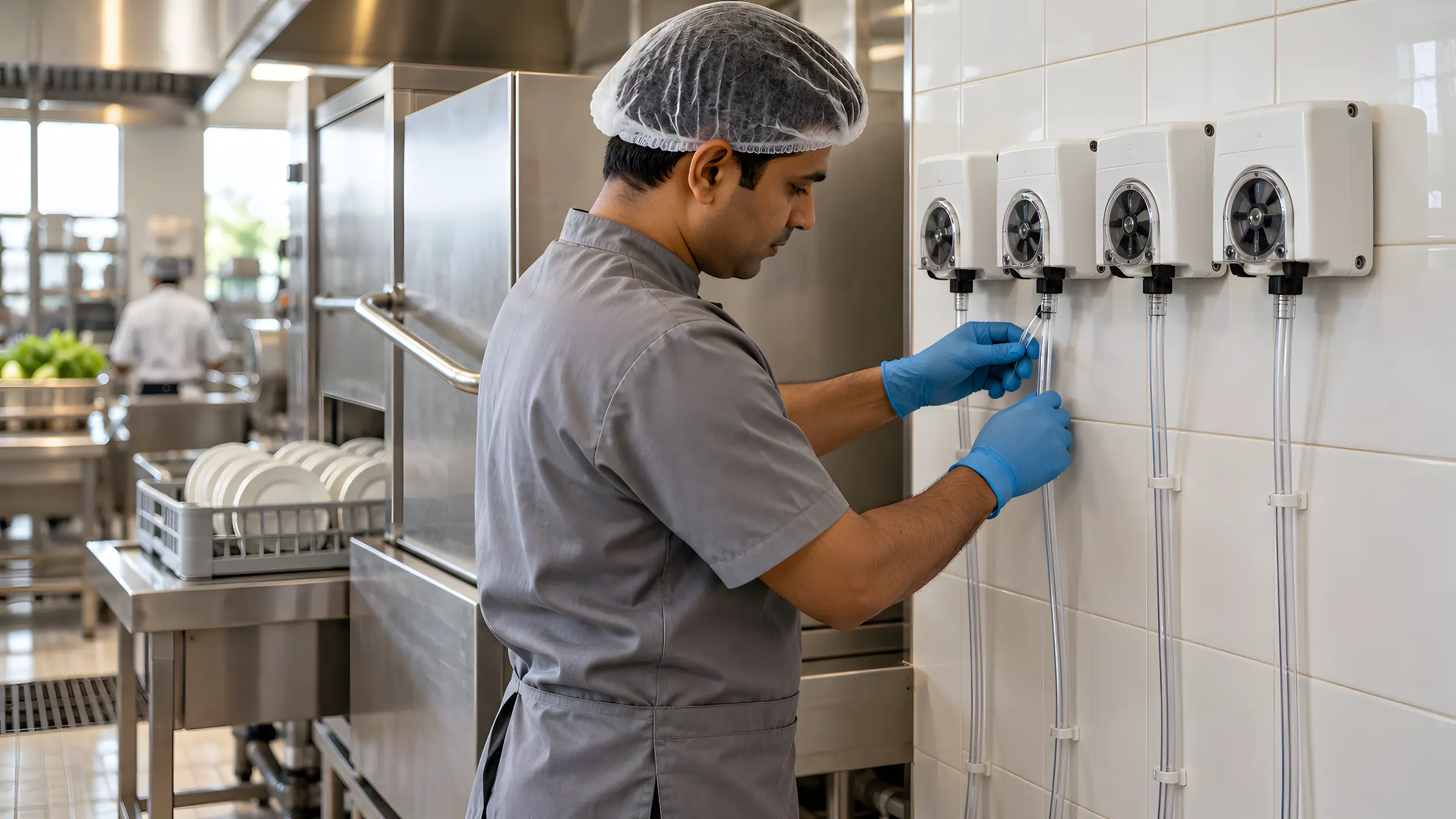 Technician in gloves checking the tubing on four wall-mounted dosing pumps beside a hotel dishwashing machine