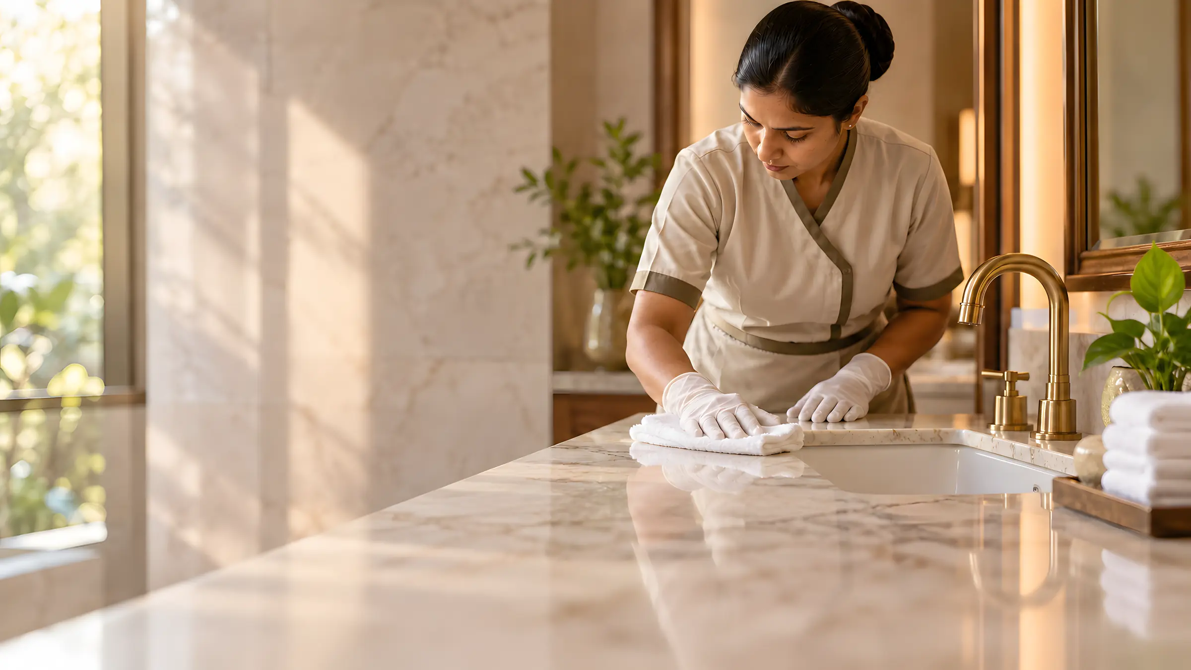 Housekeeper in gloves wiping a marble vanity beside a brass tap