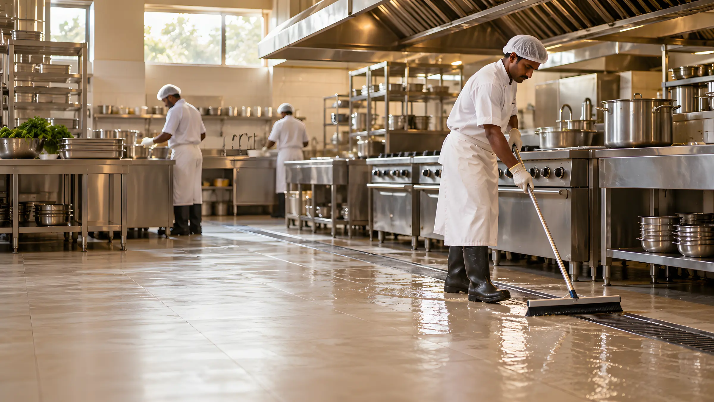 Kitchen steward squeegeeing a wet tiled floor while chefs work behind