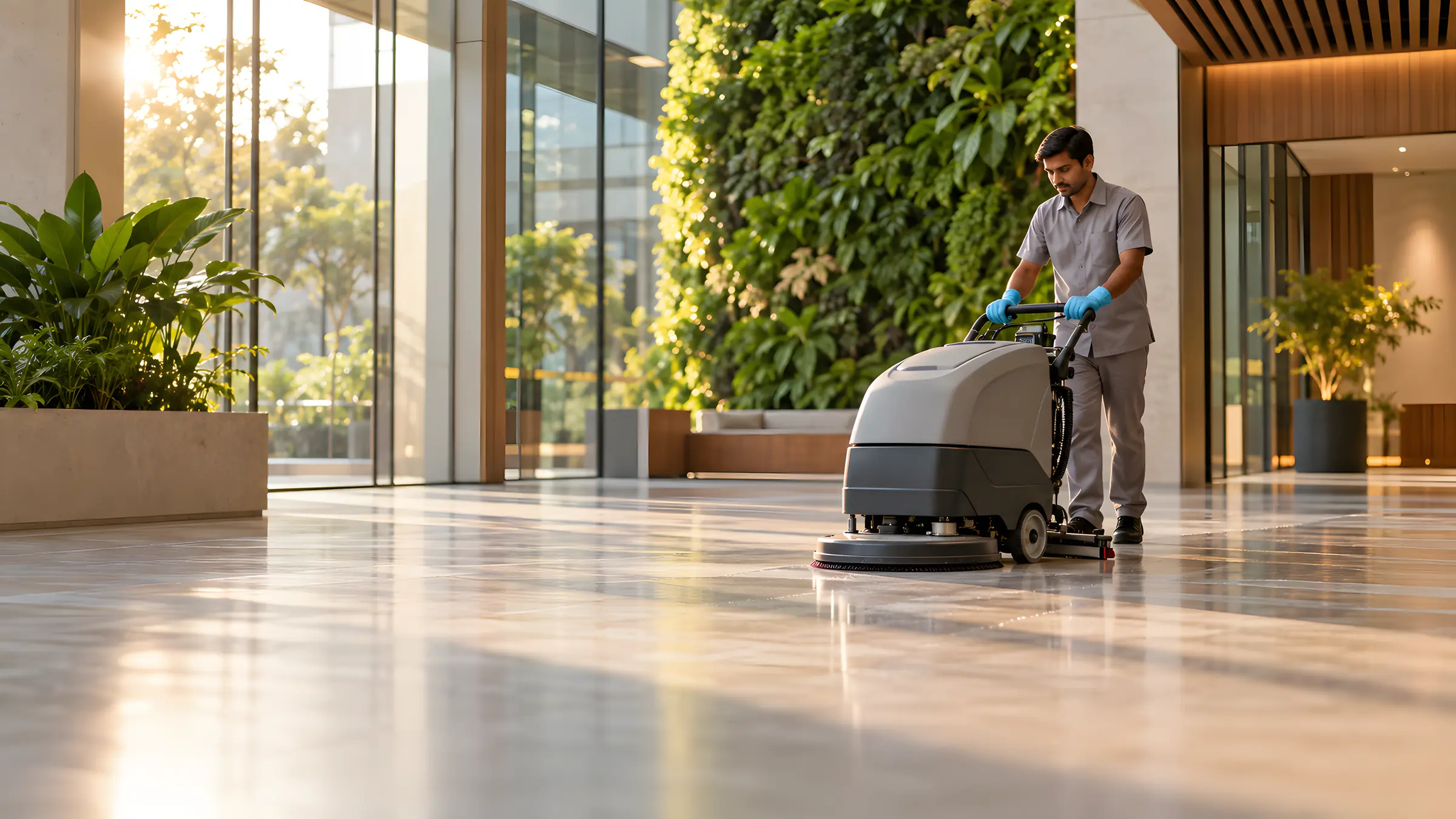 Cleaner running a floor scrubber across the atrium of a modern office building