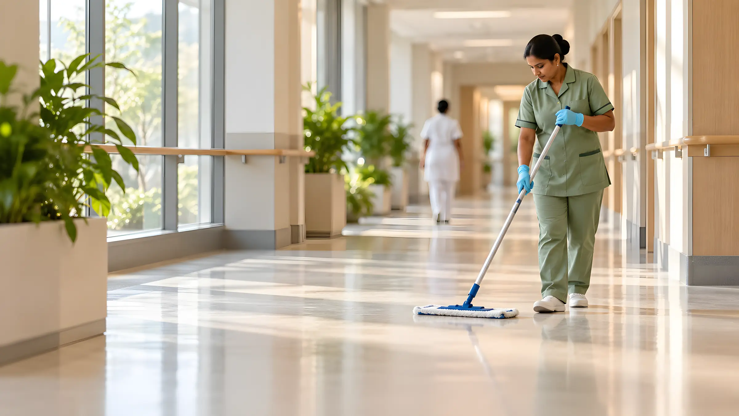 Cleaner in gloves mopping a bright hospital corridor