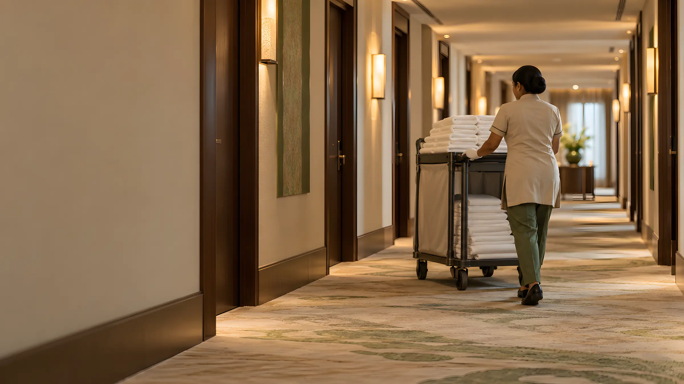 Housekeeper pushing a linen trolley along a hotel guest-room corridor