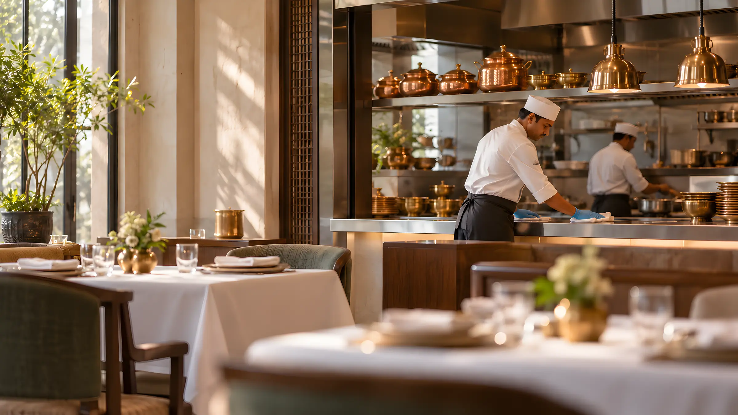 Restaurant dining room with an open kitchen, where a chef in gloves wipes down the pass